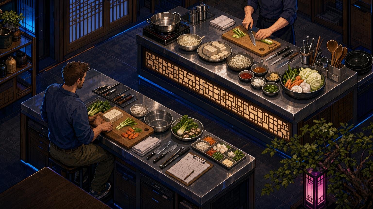 Hands-on Korean cooking class with ingredients and kitchen tools arranged for an international visitor