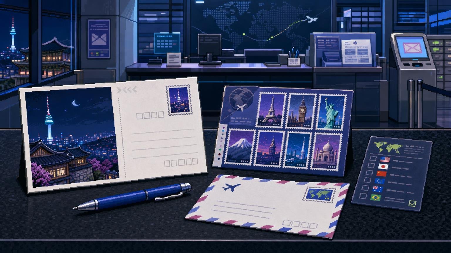 International postcard, stamp, and overseas address prepared at a Korean post office counter