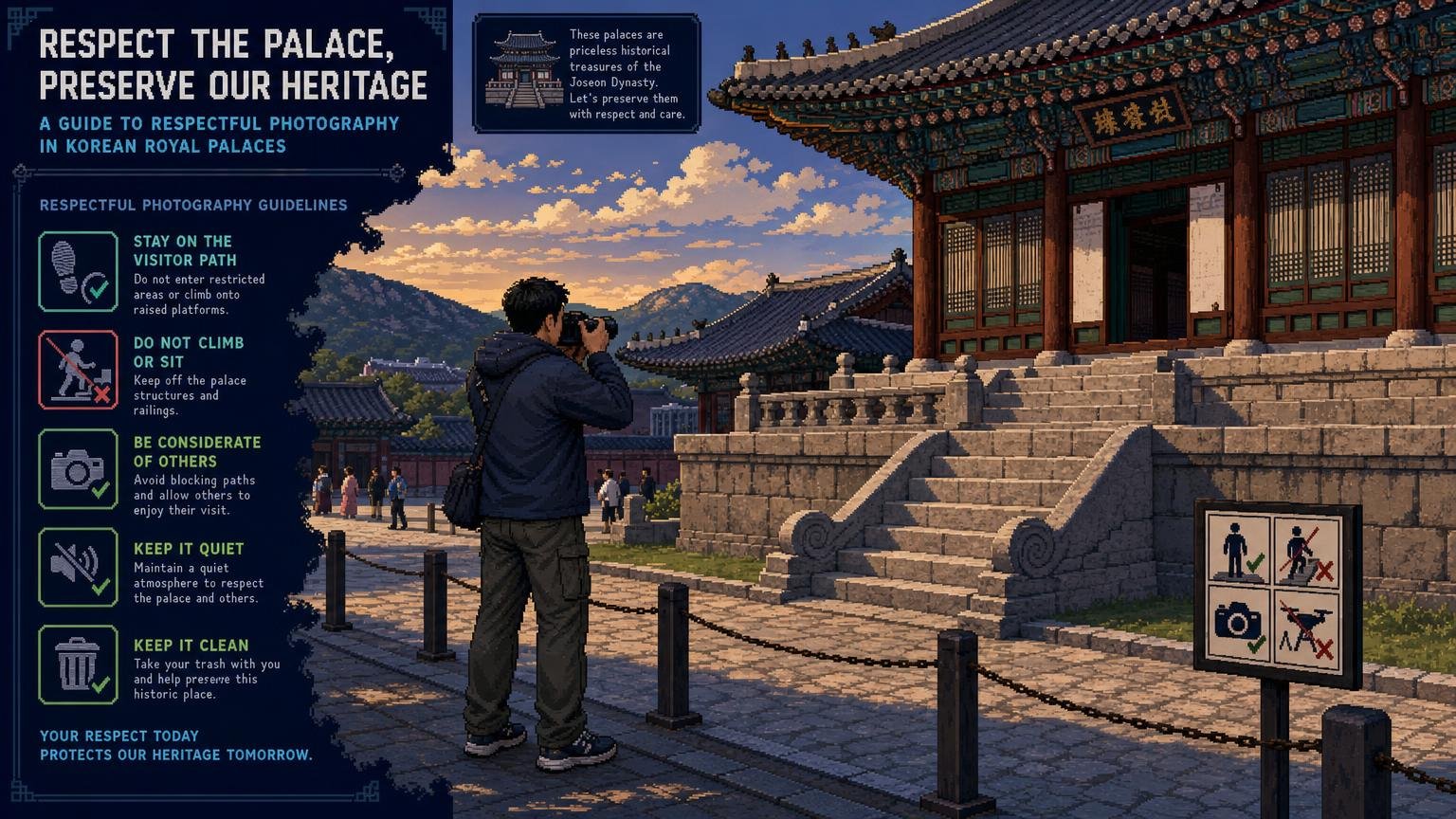 Traveler taking a respectful handheld photo from the visitor path inside a palace courtyard