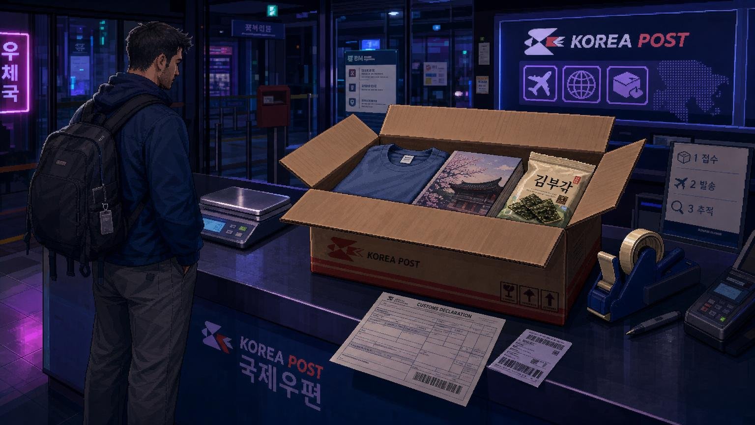 Open souvenir package and customs paperwork prepared for international shipping at a Korean post office
