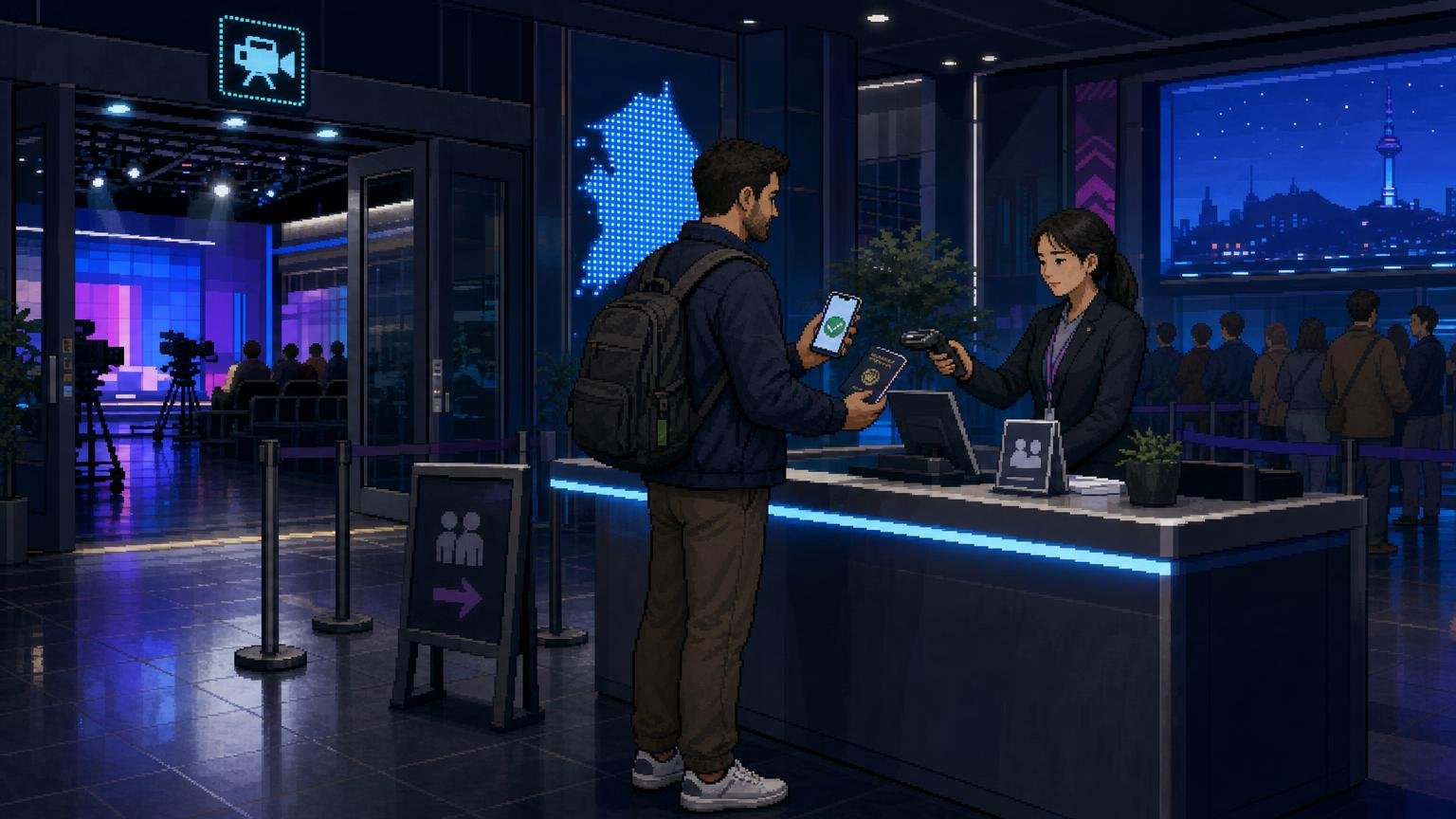 Foreign traveler presenting a TV-taping confirmation and passport at a Korean broadcasting center entrance