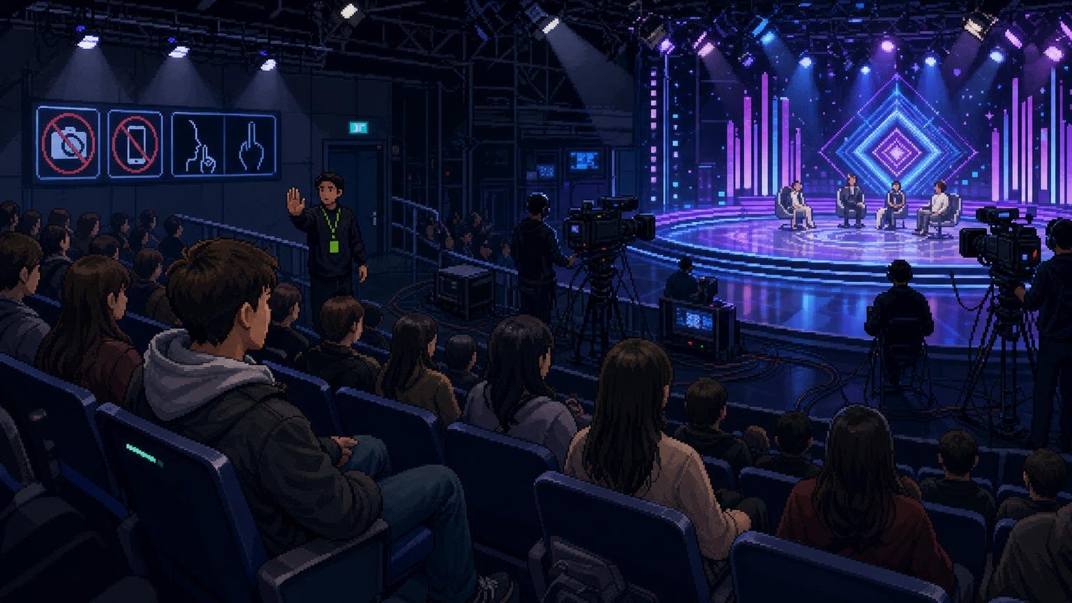 TV studio audience following staff instructions during a Korean program recording