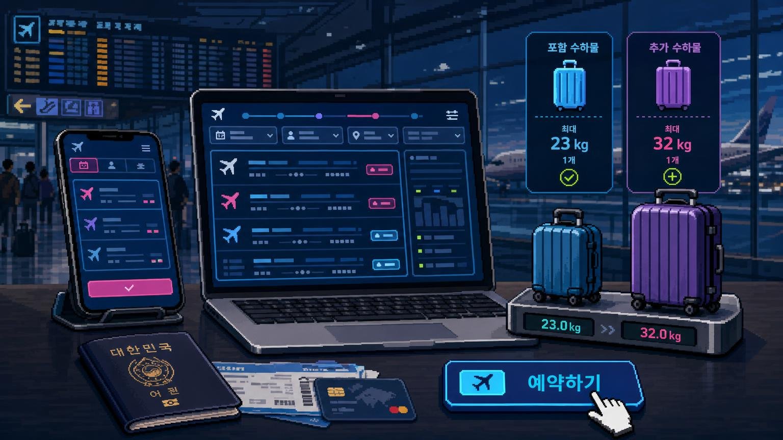 Phone and passport beside suitcases and a baggage scale during domestic-flight planning