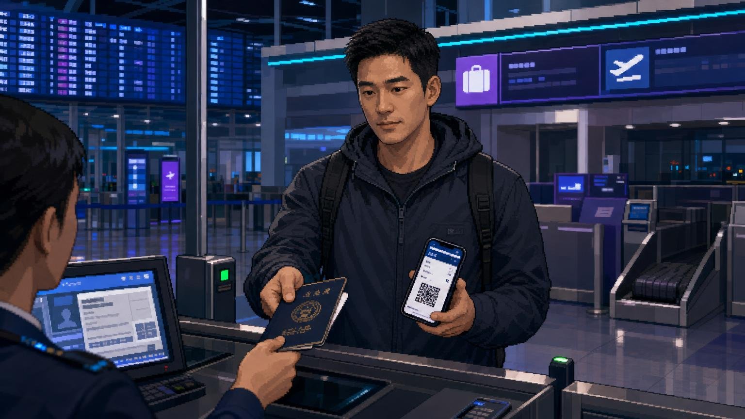 Foreign traveler presenting a passport and boarding pass at a Korean domestic airport security checkpoint