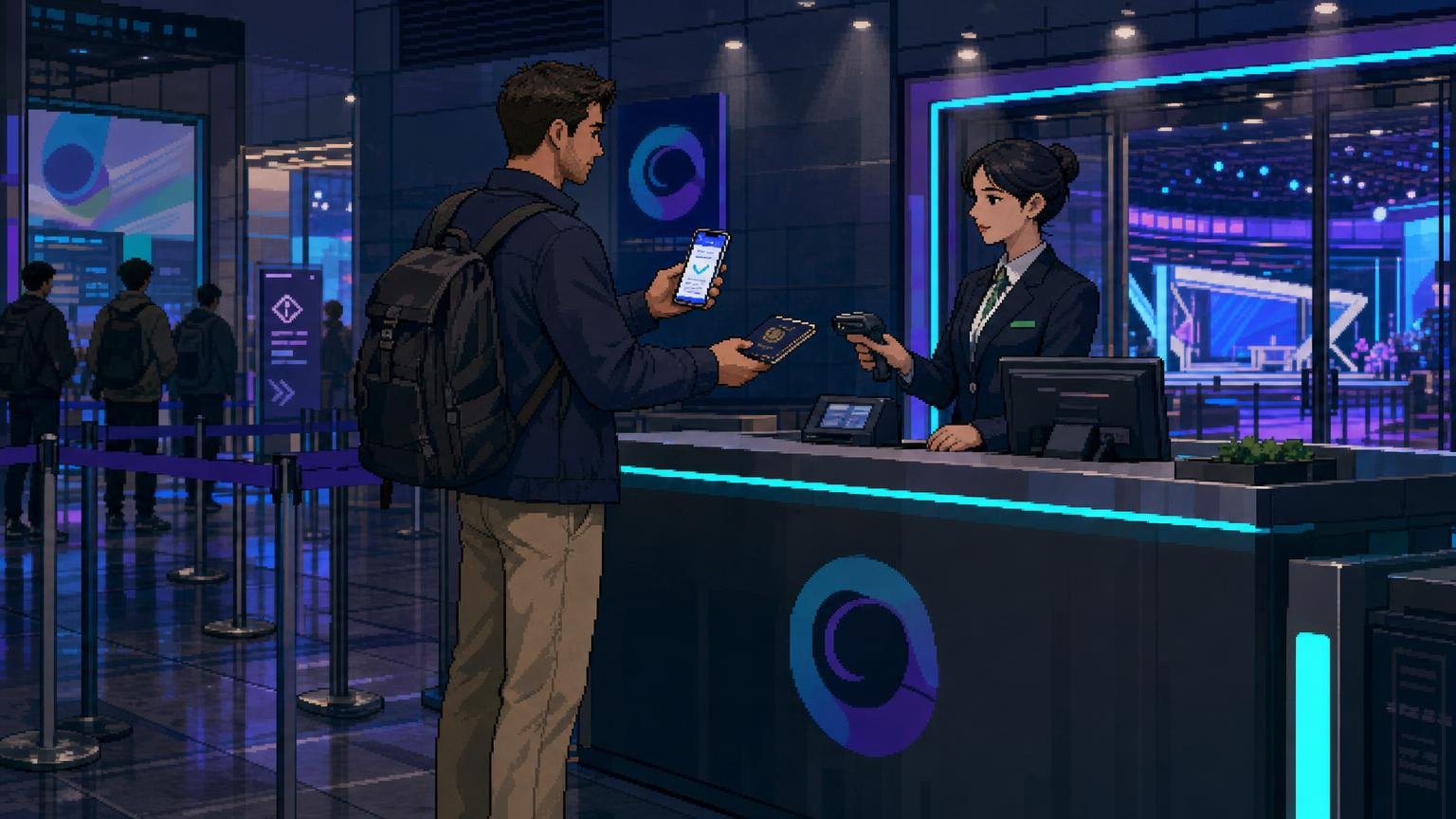 Traveler presenting a phone confirmation and passport at a Korean TV studio audience check-in counter