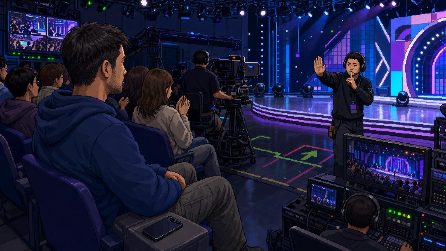 Audience member keeping his phone away while following a staff cue during a Korean TV recording