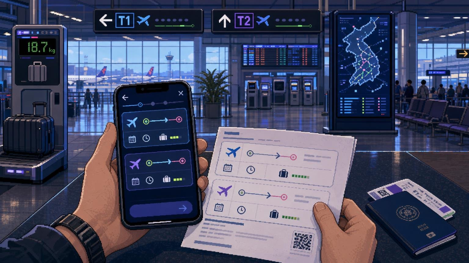 Smartphone, passport, and flight itinerary being checked before booking a Korean domestic flight