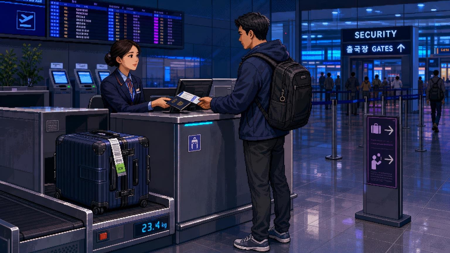 Adult male traveler showing his passport while checking a suitcase at a Korean domestic airport counter
