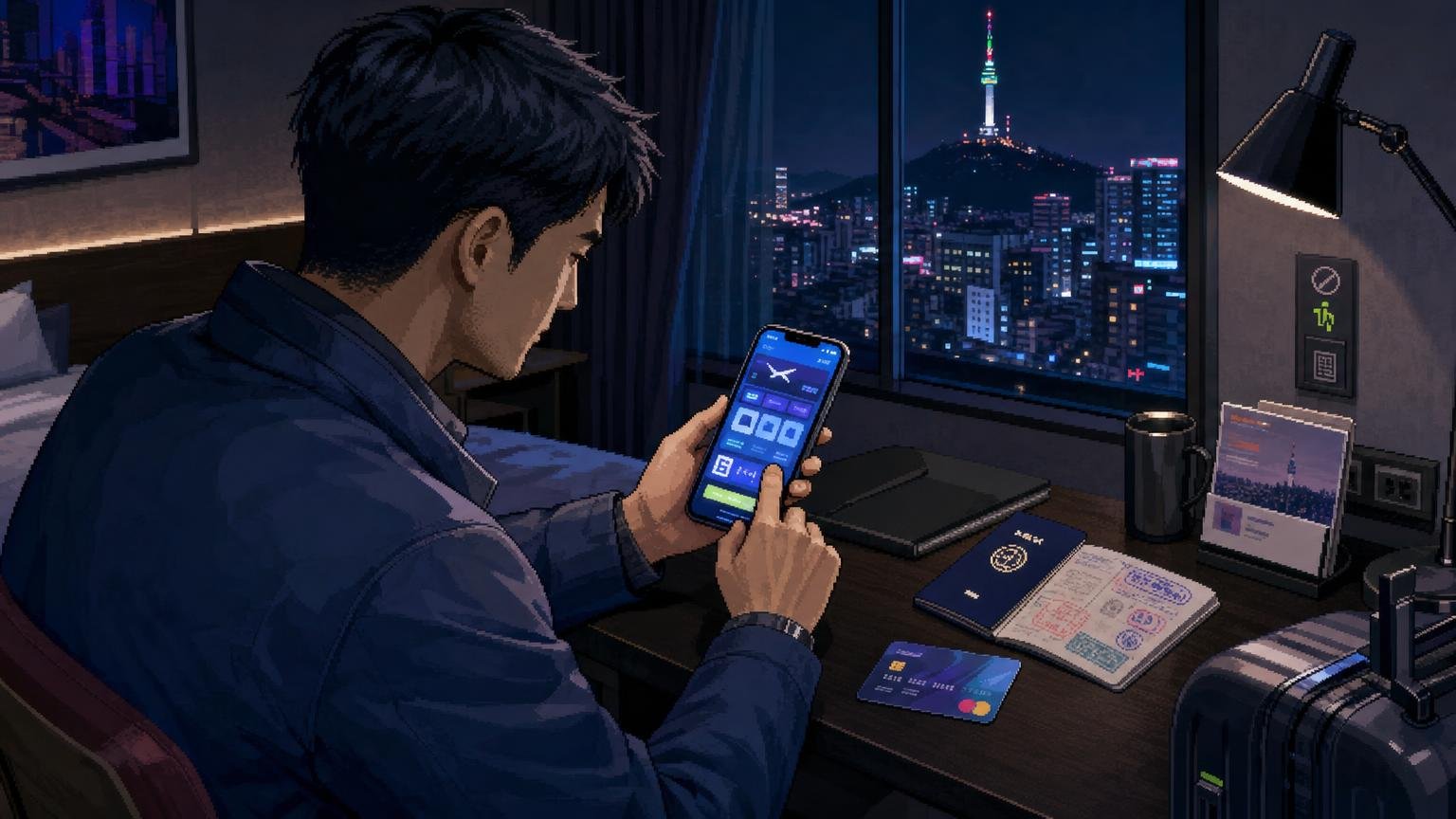 International traveler booking a Korean domestic flight beside his passport and payment card