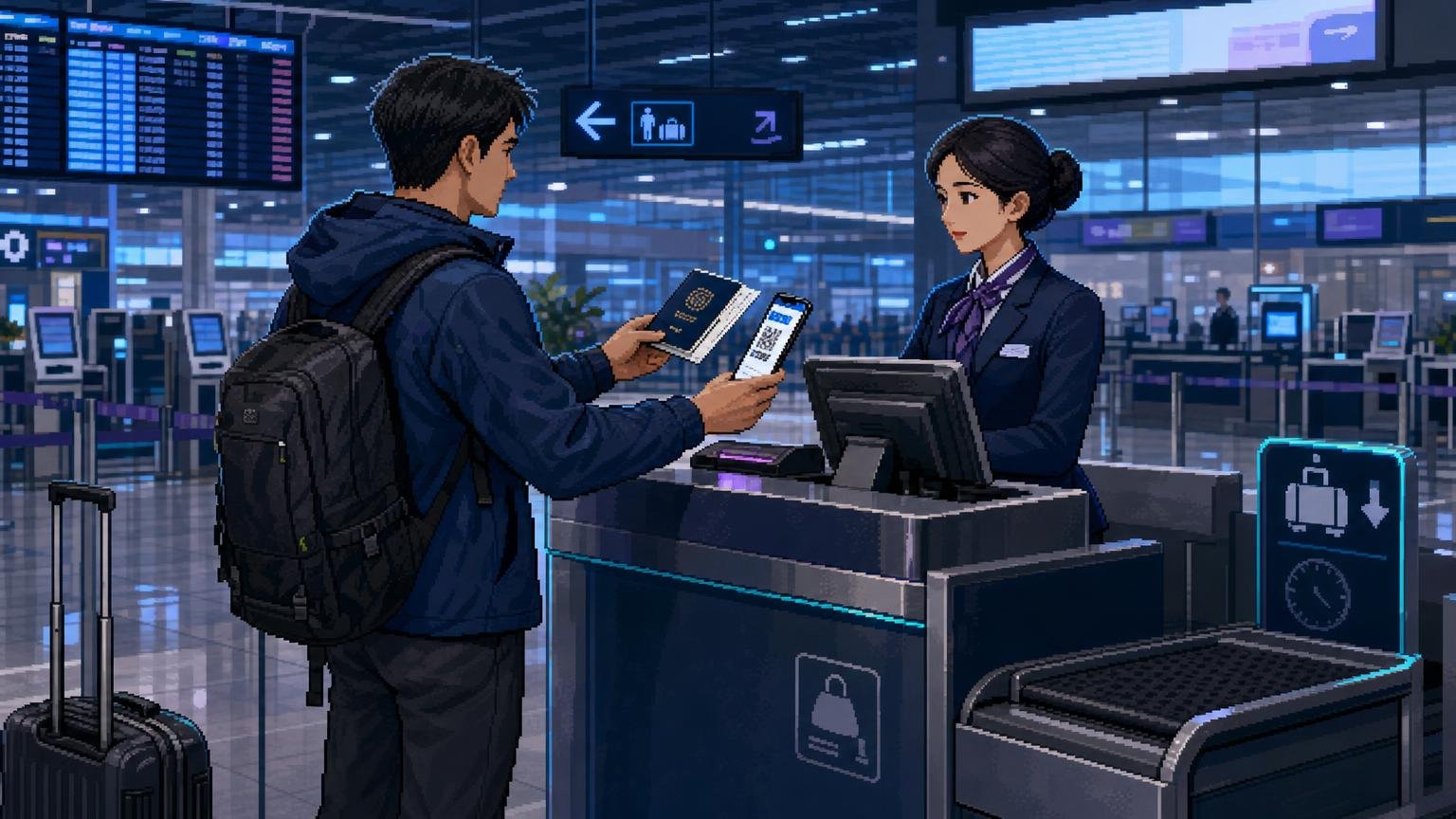 Foreign traveler showing his passport and boarding pass at a Korean domestic airport counter