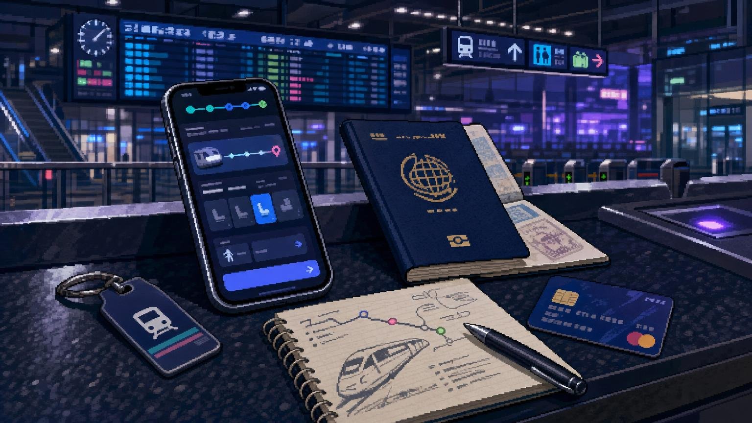 Phone, passport, and route notes prepared for booking a Korean intercity train.
