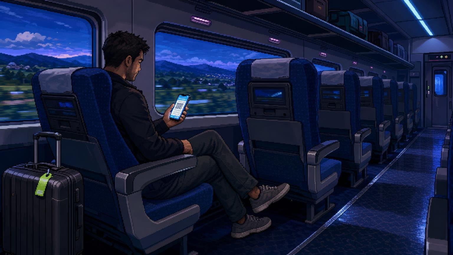 Traveler checking a live train ticket beside his assigned seat and luggage.