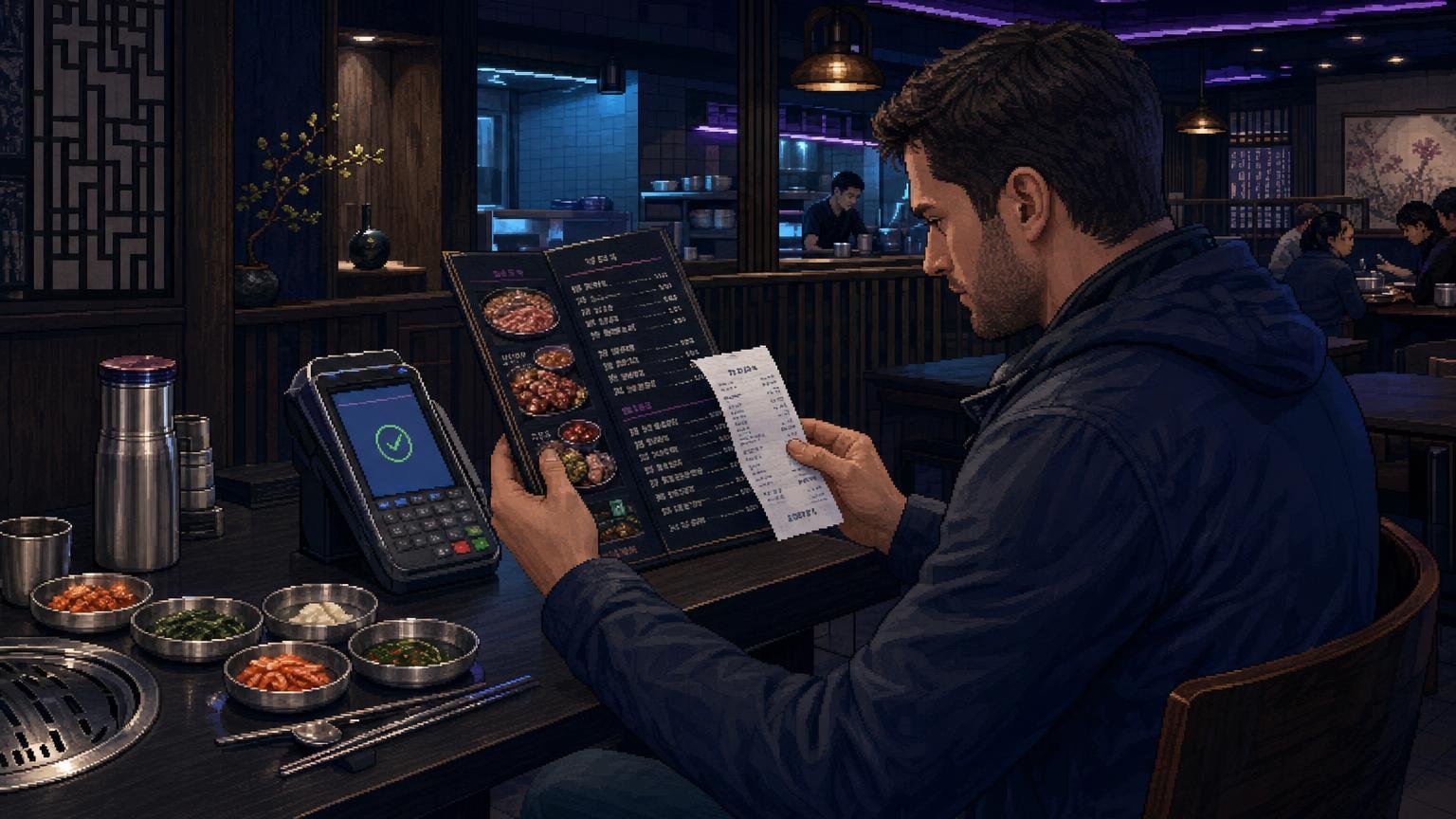Traveler checking a Korean restaurant menu and receipt for a service charge before paying