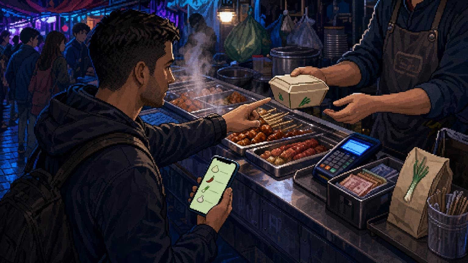 Male foreign traveler pointing to one Korean street-food item while confirming takeaway packaging and payment at a night-market stall.
