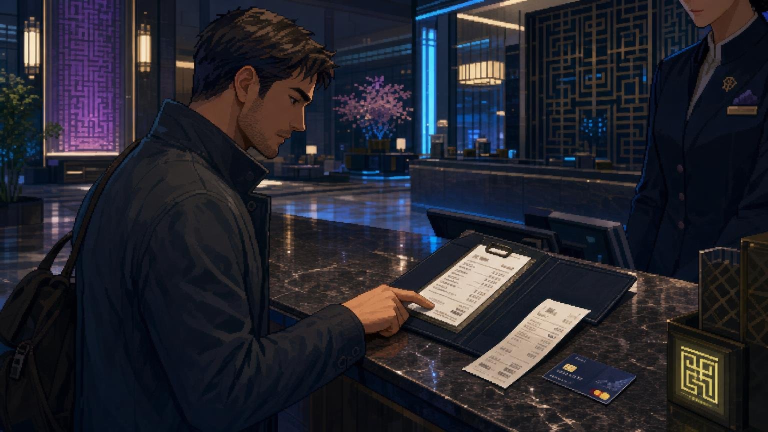 Traveler reviewing an itemized Korean hotel bill for an included service charge