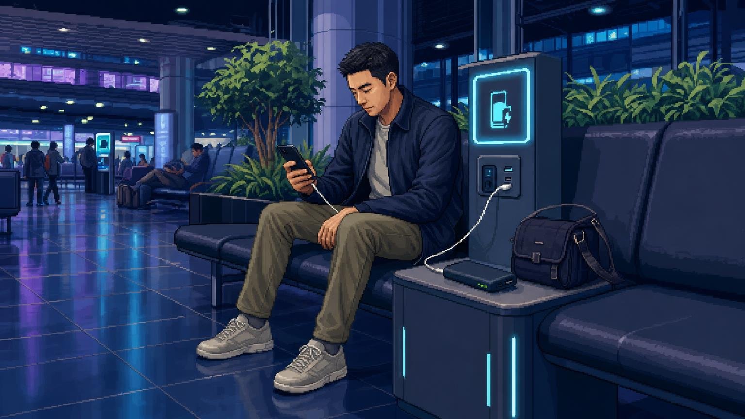 Adult male traveler safely charging a phone and power bank at a Korean airport charging station