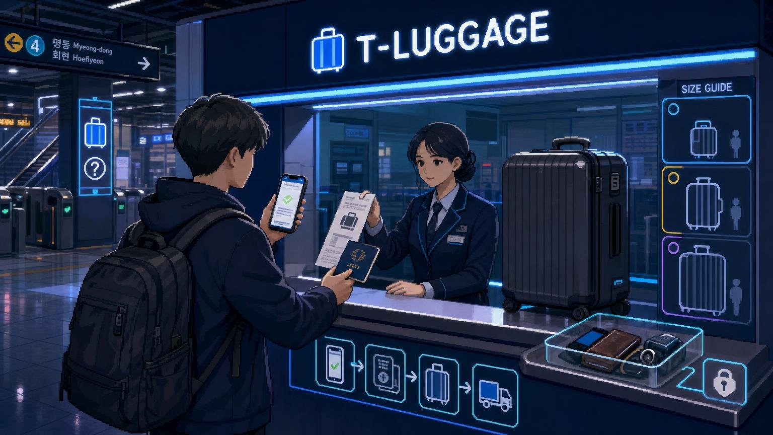 T-Luggage staff receiving a suitcase at a Seoul subway station counter with a booking phone and receipt