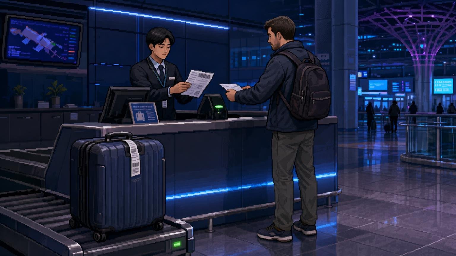 Adult male traveler collecting a delivered suitcase at an Incheon Airport luggage counter after showing a receipt