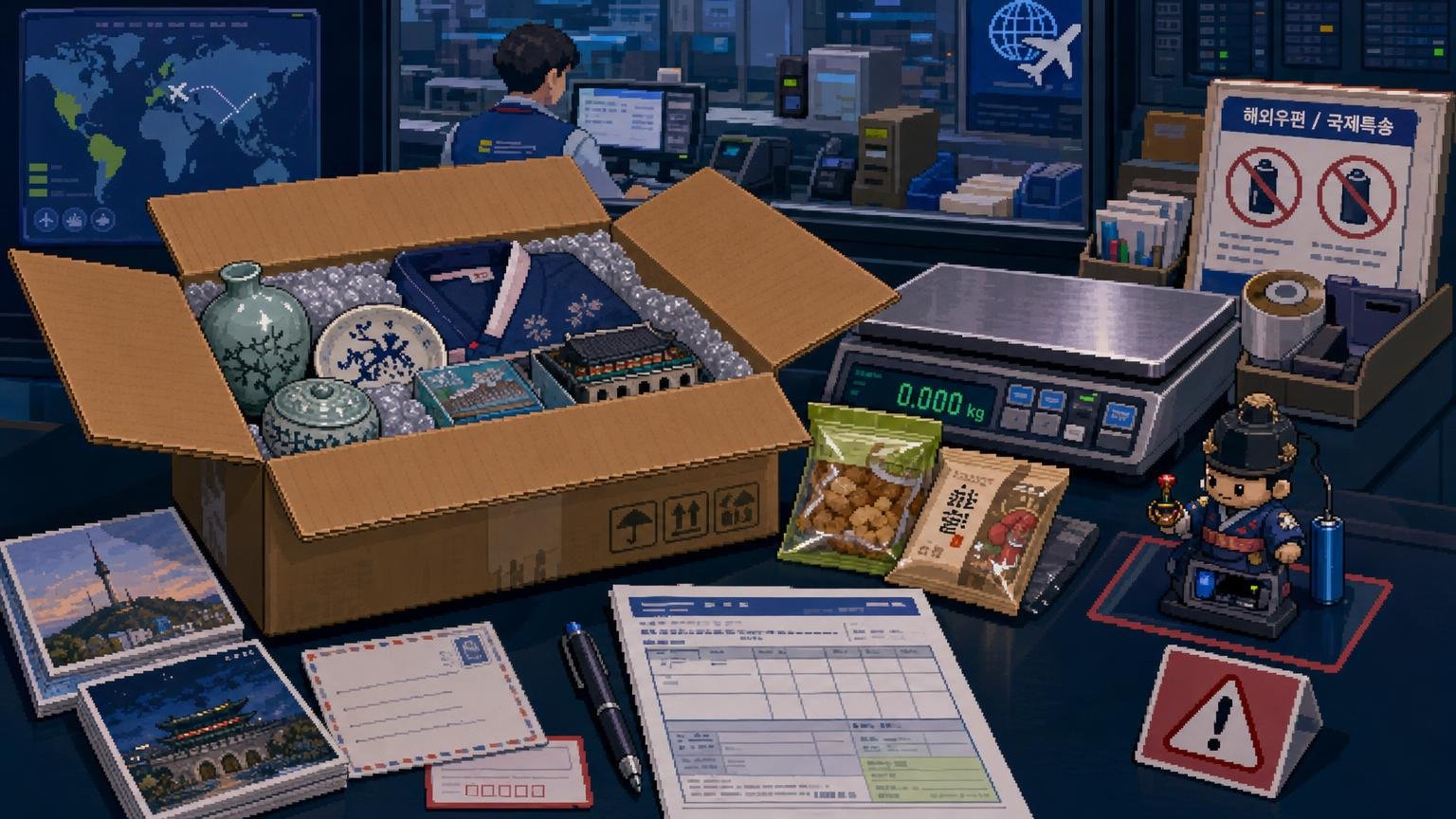 International parcel at a Korean post office with souvenirs sorted for customs inspection
