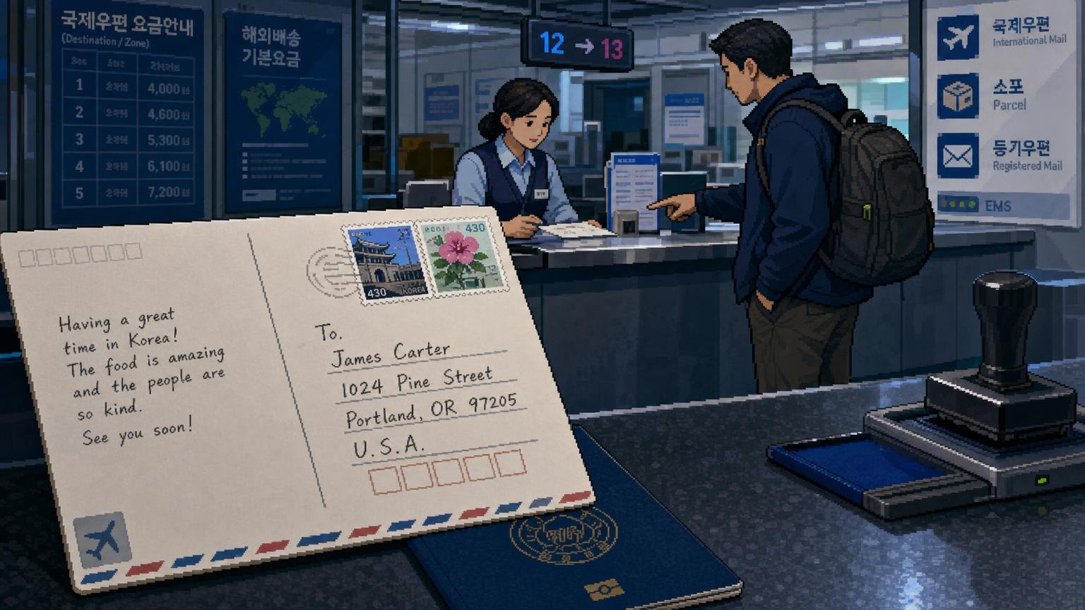 International postcard and Korean stamps prepared at a Korean post office counter