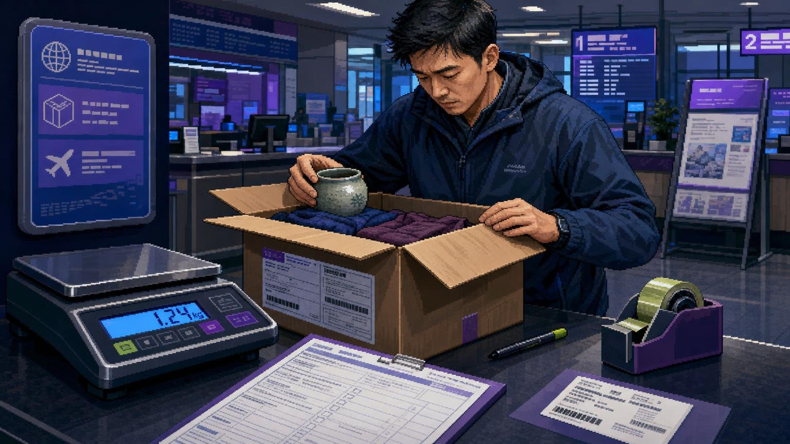 Traveler completing customs information while packing a parcel at a Korean post office