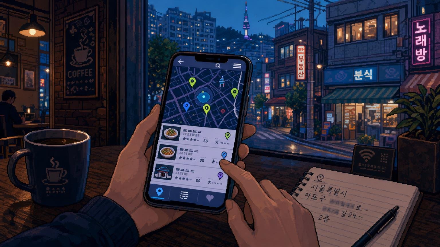 Phone showing a map search for a Korean place beside a copied address in a Seoul café