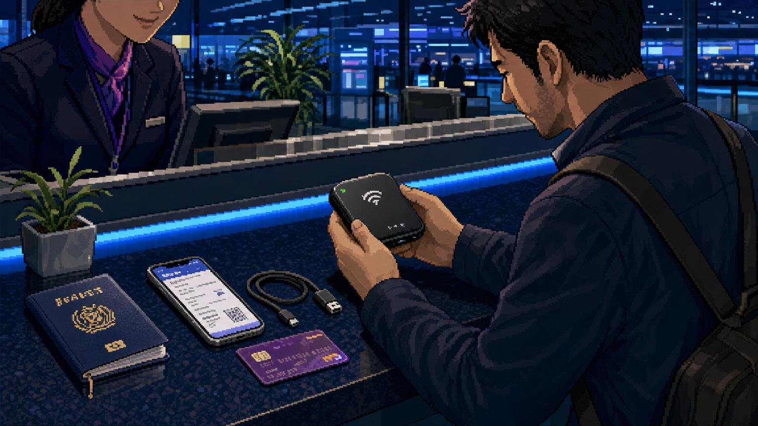 Traveler checking a pocket Wi-Fi router and passport at a Korean airport rental counter