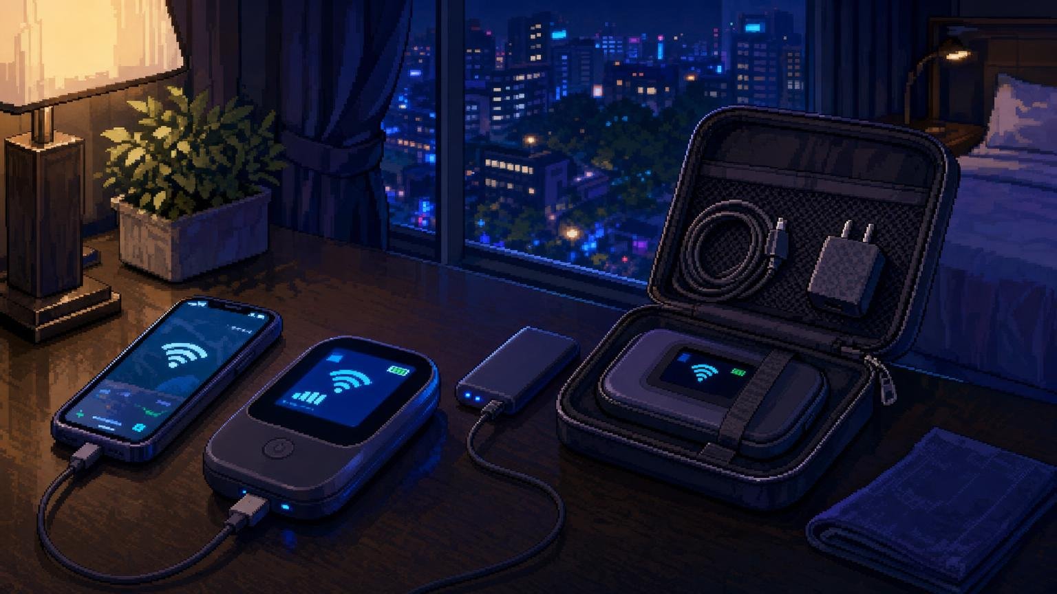 Pocket Wi-Fi router charging beside a phone with its return accessories organized on a Korean hotel desk