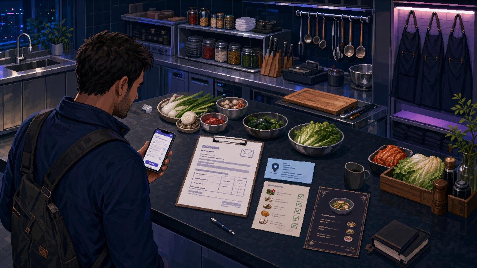 Traveler checking a Korean cooking class confirmation and menu beside prepared ingredients in a Seoul cooking studio