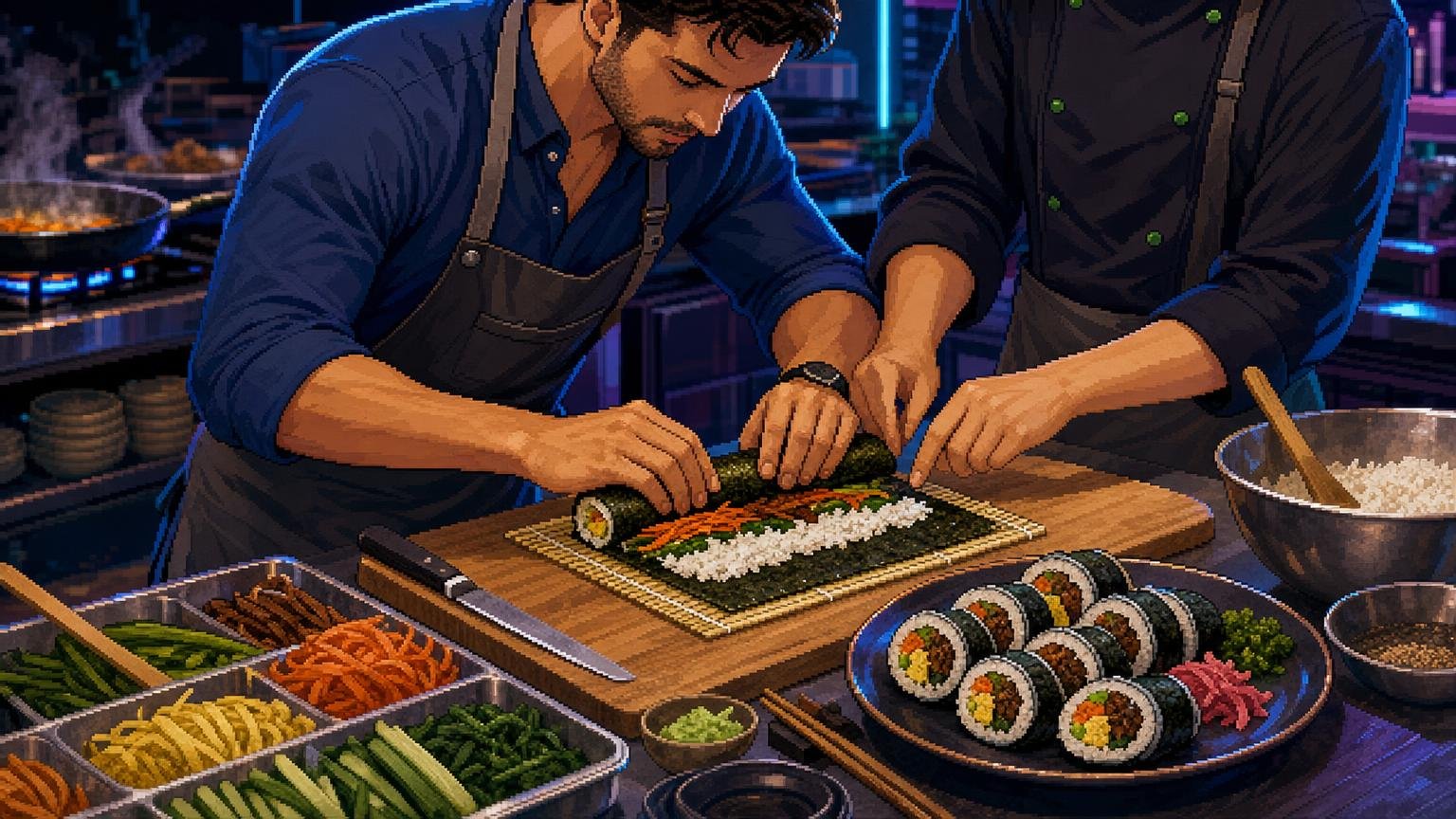 Adult traveler learning to roll gimbap during a hands-on Korean cooking class