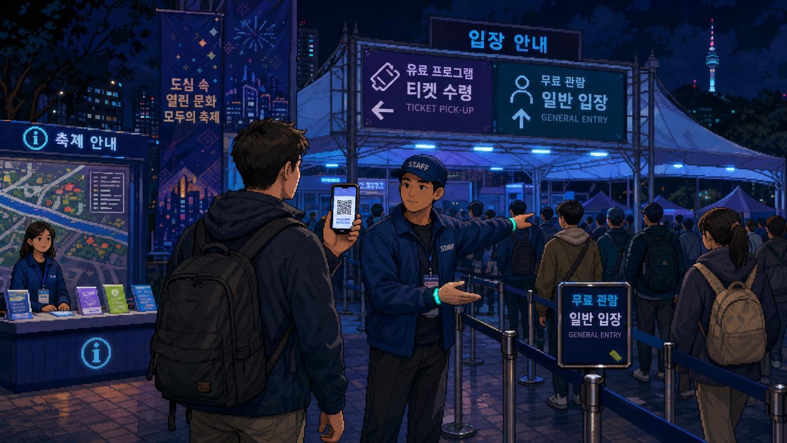 Traveler checking a festival QR confirmation beside separate ticket and general-entry lines in Korea