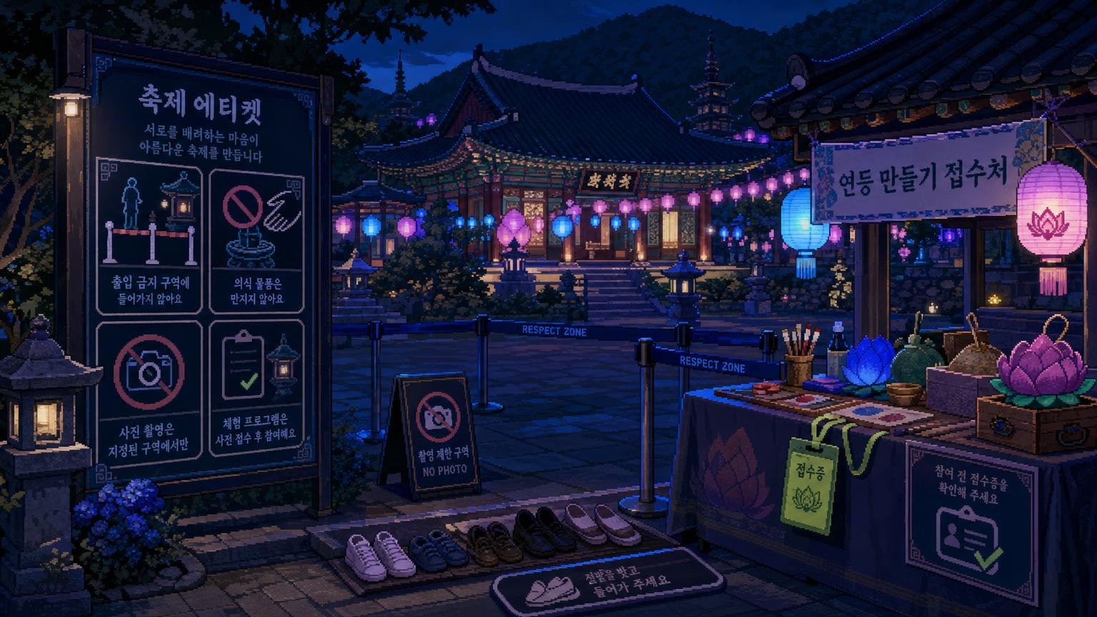 Respectful festival setup near a Korean temple showing registration, photo restrictions, and visitor boundaries
