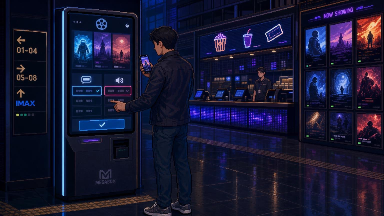 Foreign traveler choosing a subtitled movie at a Korean cinema ticket kiosk