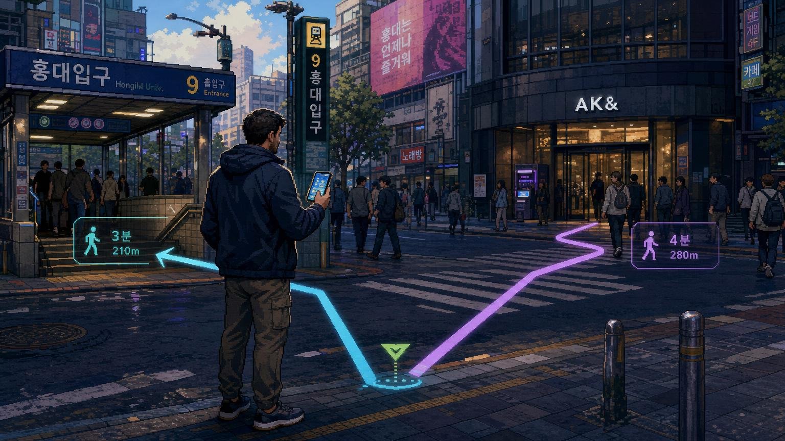 Adult male traveler checking a Naver Map walking route near a Seoul subway entrance