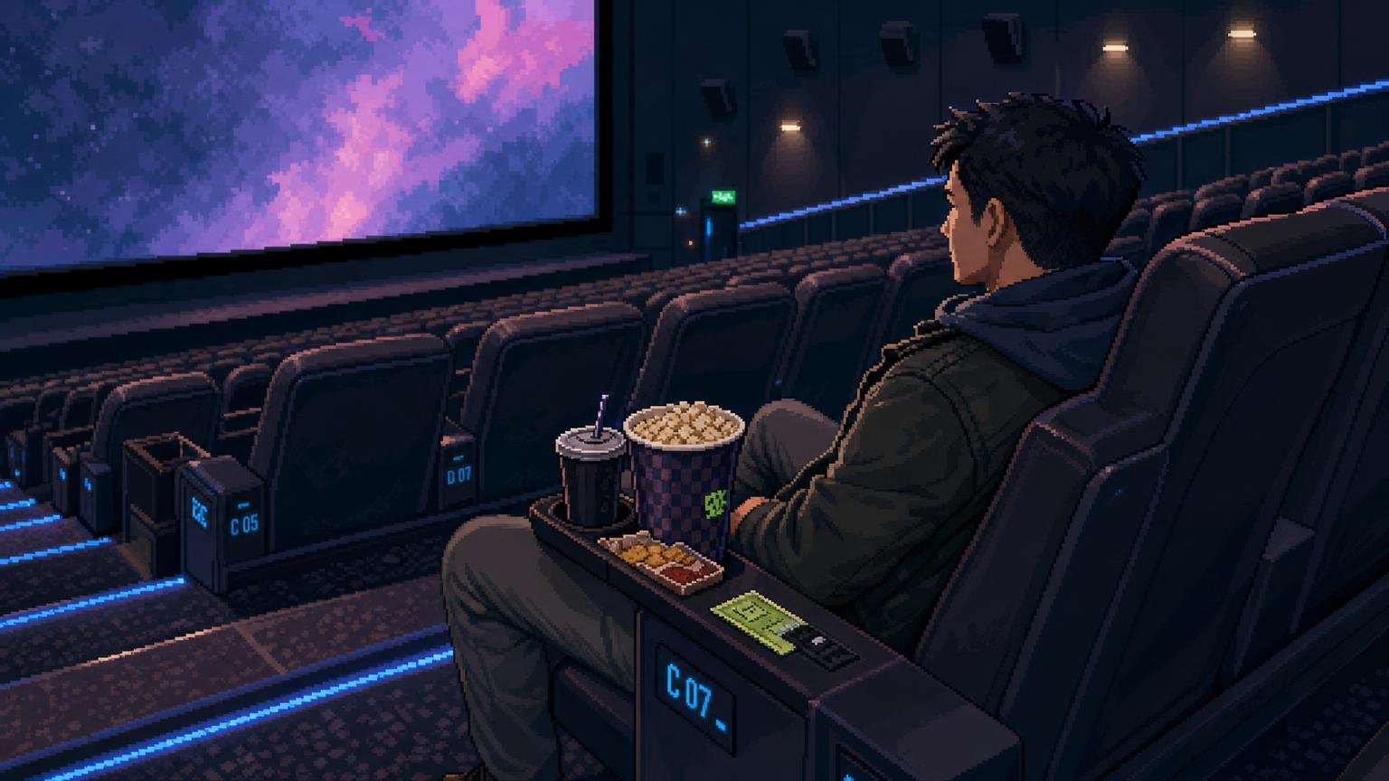 Reserved cinema seat with popcorn, drink, and quiet phone etiquette inside a Korean movie theater