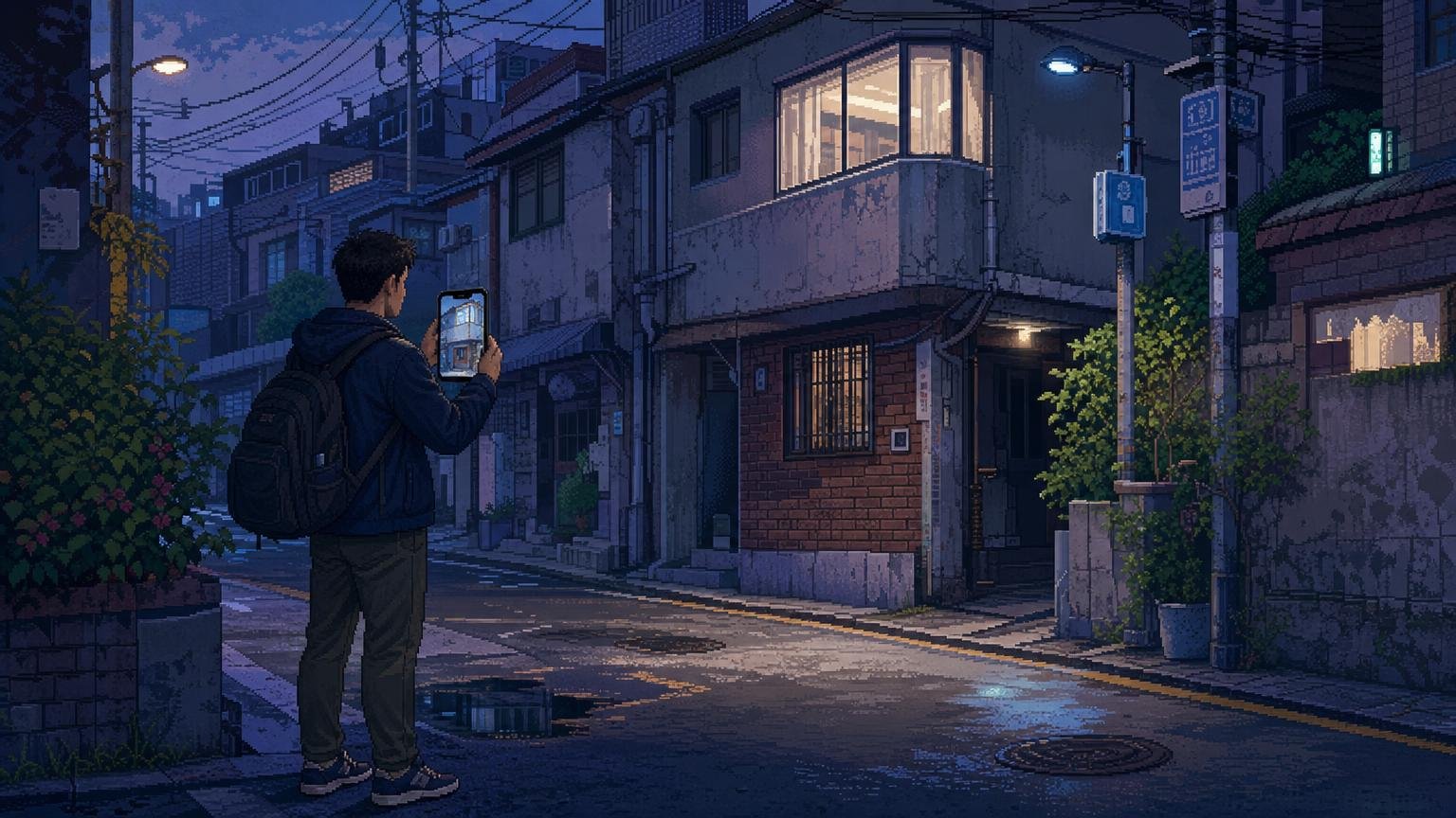 Traveler comparing a drama scene on his phone with a real Korean street location.