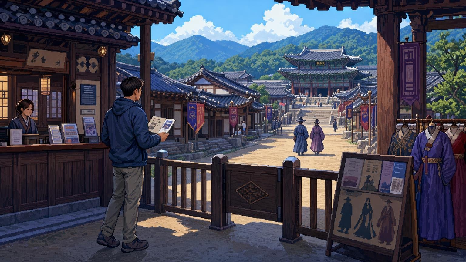 Visitor checking entry information at a Korean historical drama filming set.