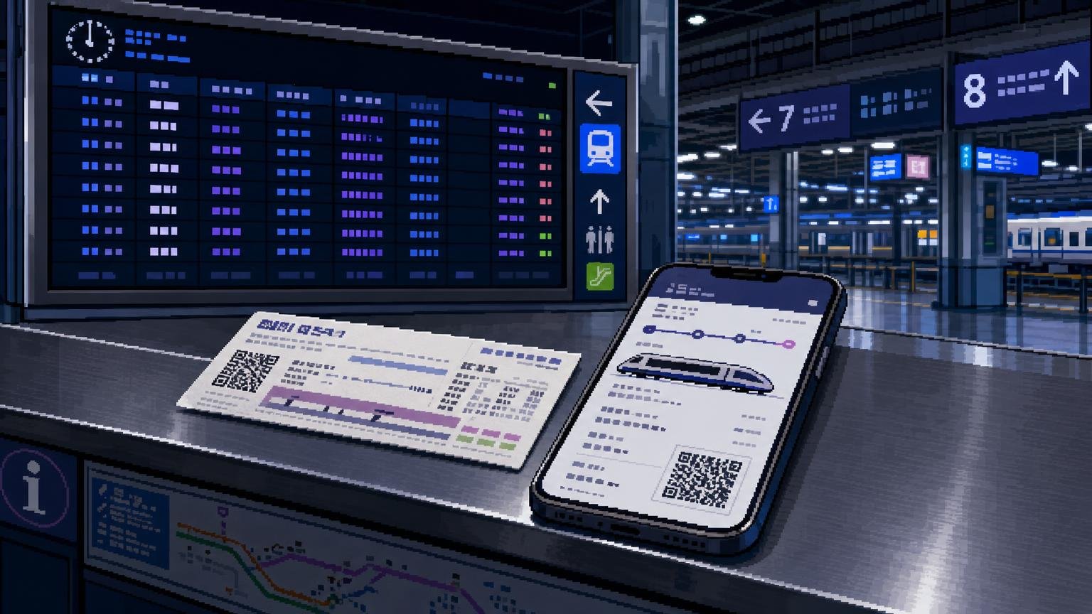 Intercity train ticket and phone booking confirmation at a Korean railway station information counter