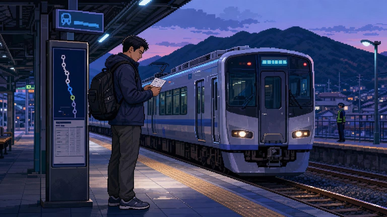 Adult male traveler checking his seat ticket before boarding a regional train at a smaller Korean station