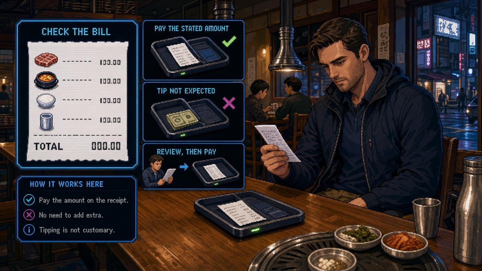 Foreign visitor checking a Korean restaurant receipt before paying without adding a tip
