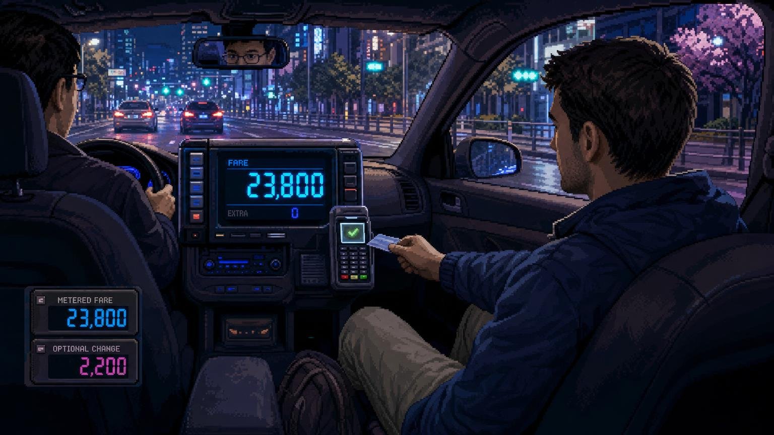 Traveler paying the metered taxi fare in Korea without adding a separate tip