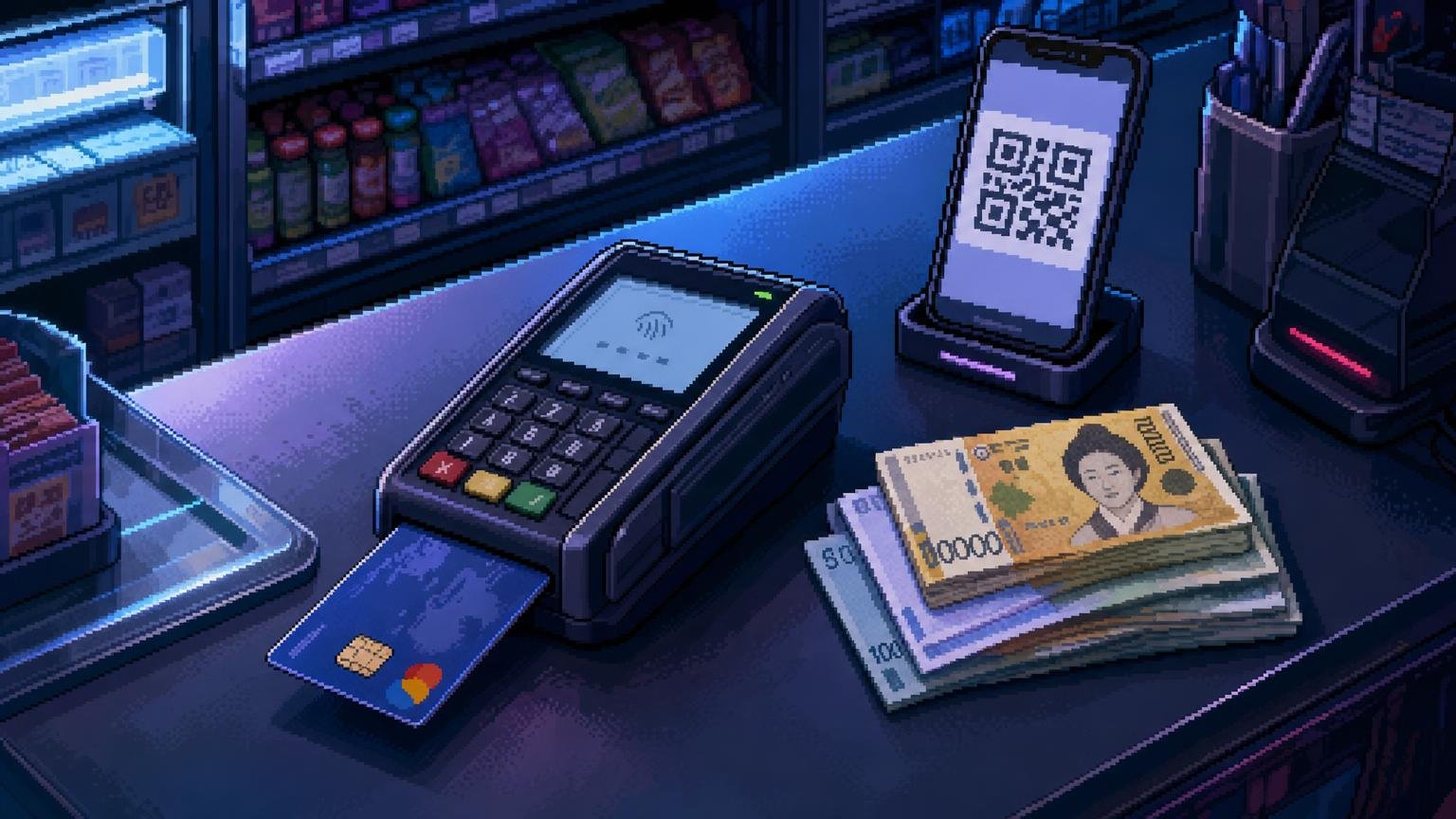 Credit card, Korean won cash, and mobile QR payment arranged at a Korean convenience-store checkout