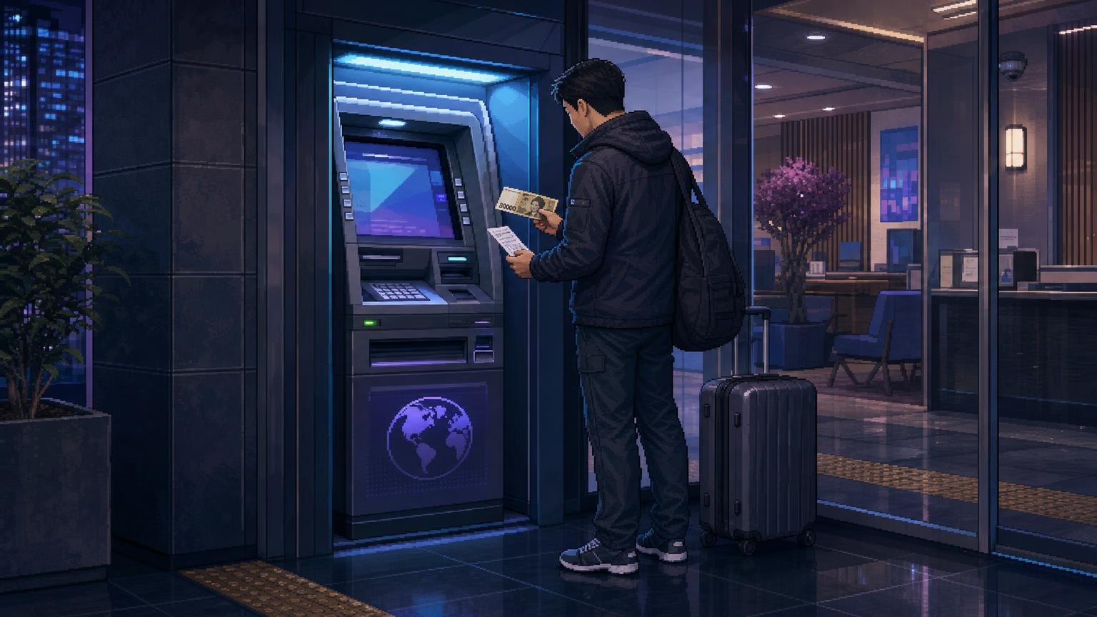Traveler withdrawing Korean won from a Global ATM in a Korean bank lobby
