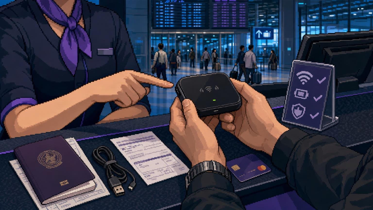 Pocket Wi‑Fi router, passport, voucher, and accessories being checked at a Korean airport rental counter