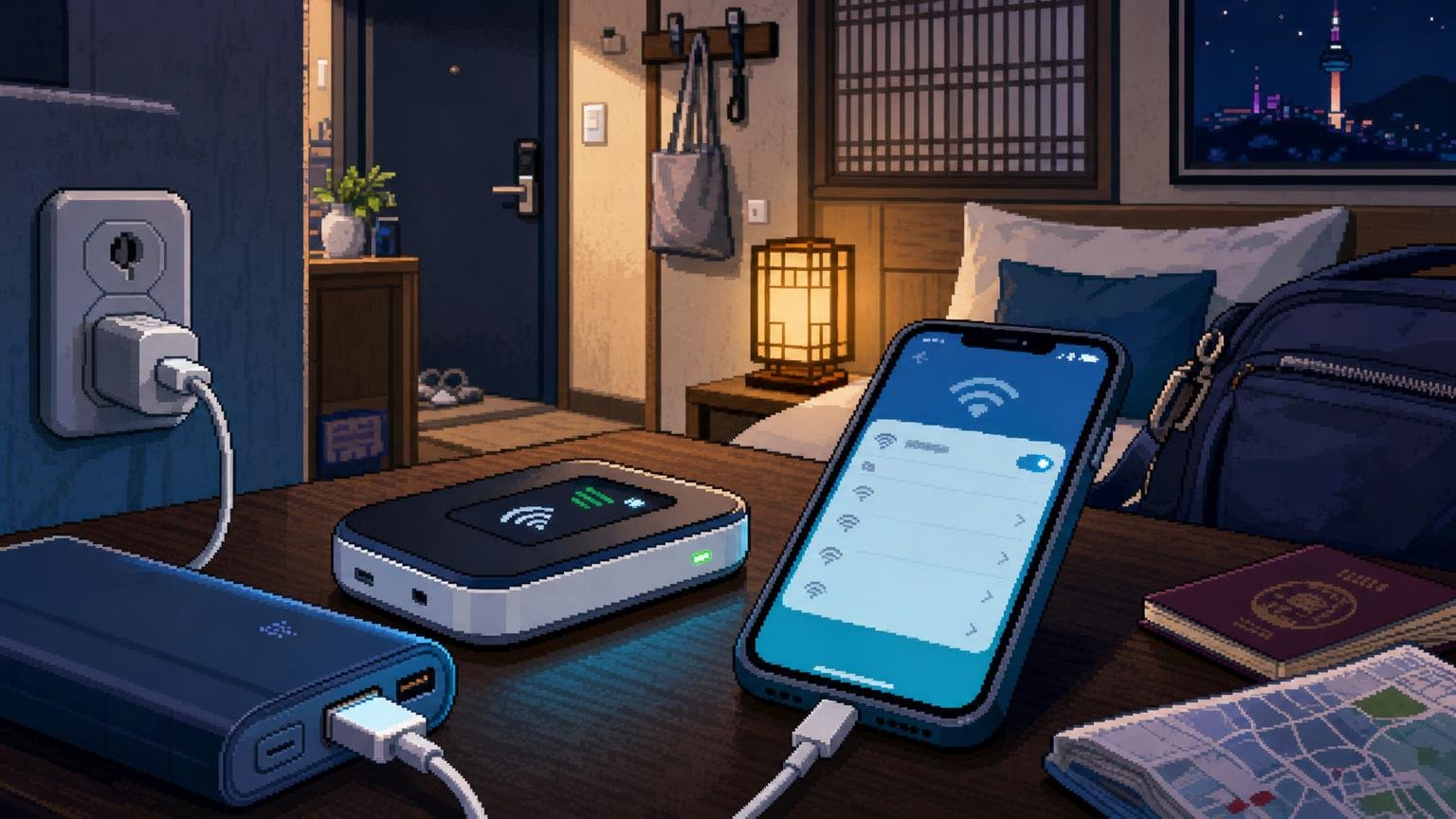 Pocket Wi‑Fi router connected to a smartphone beside a charging cable and power bank in a Korean guesthouse