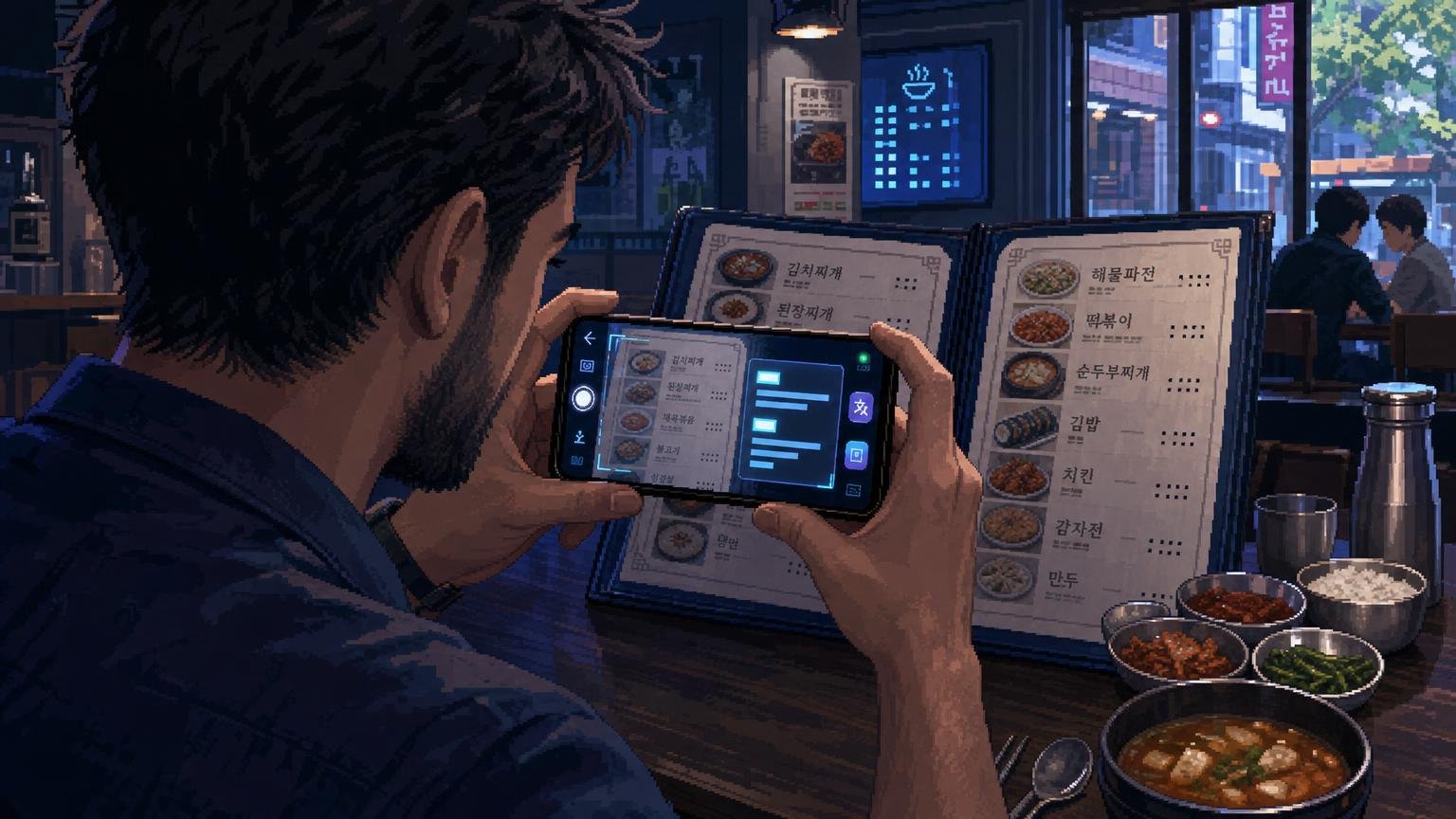 Traveler using Papago camera translation on a Korean restaurant menu