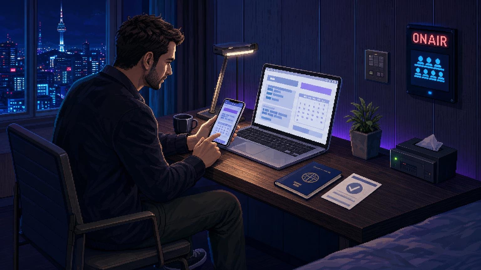 Traveler preparing a Korean TV audience application beside his passport and phone