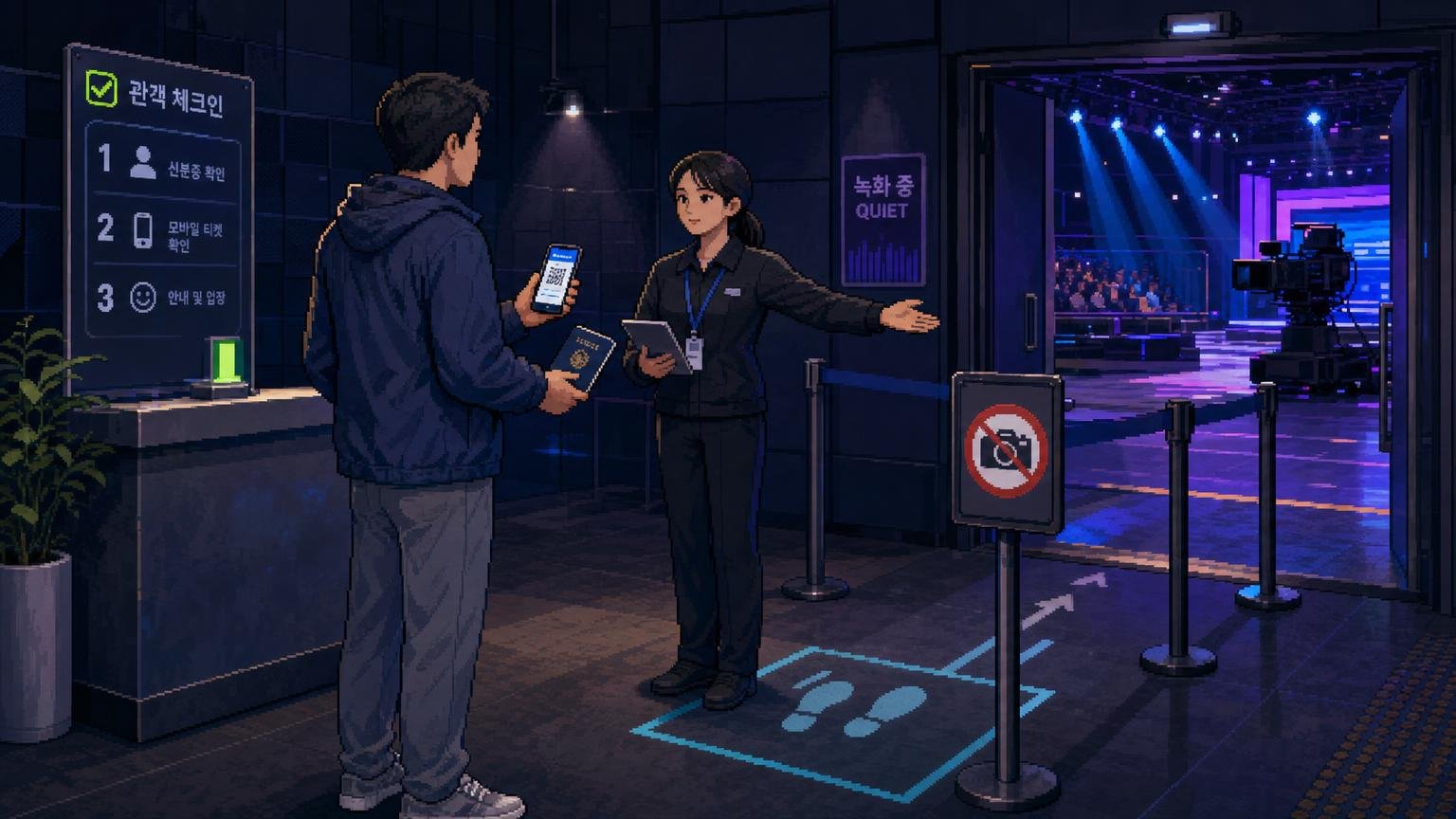Audience check-in at a Korean TV studio with passport, mobile ticket, and no-camera rules