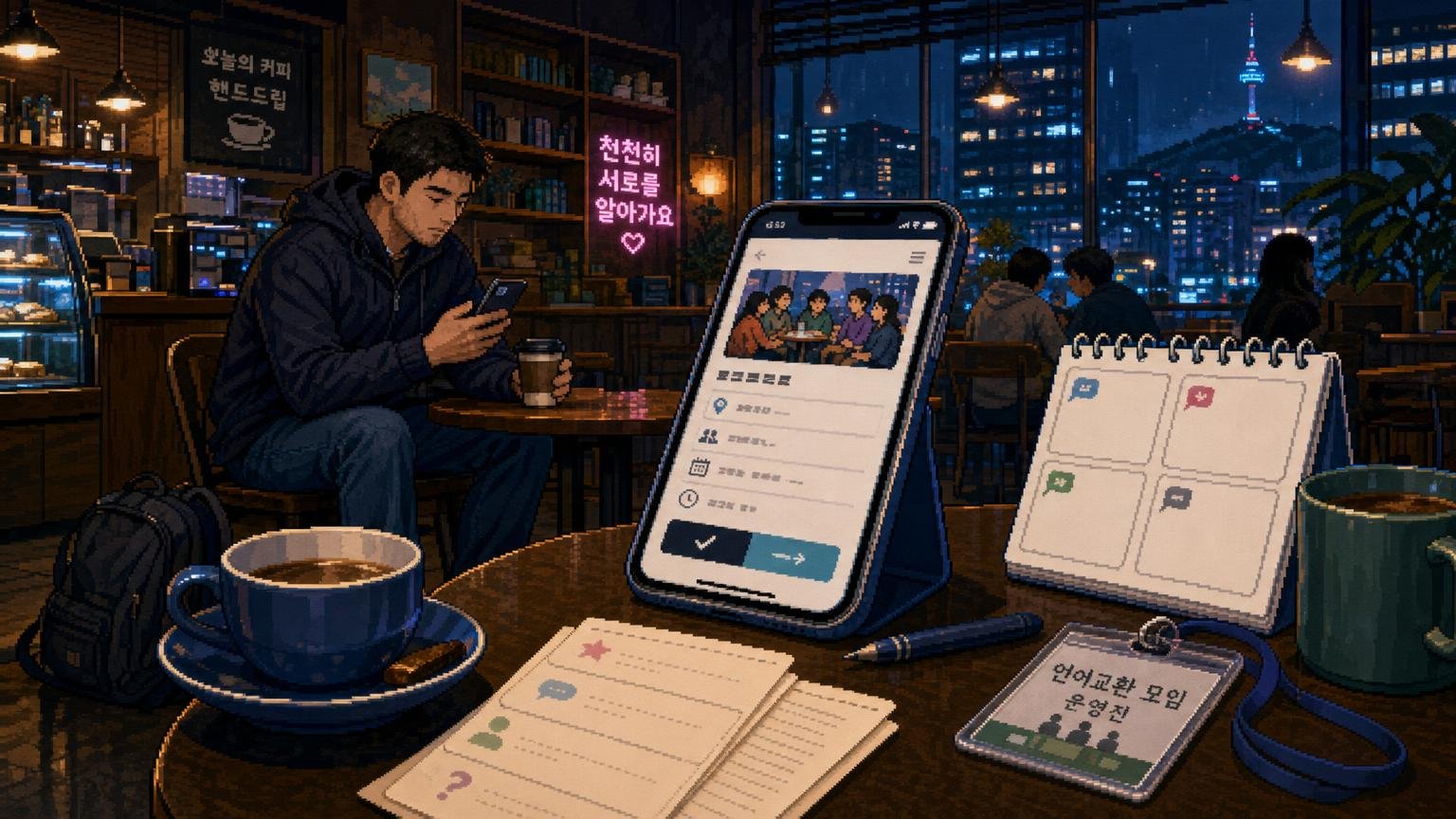 International traveler checking a Korean language exchange event on a phone at a Seoul café table