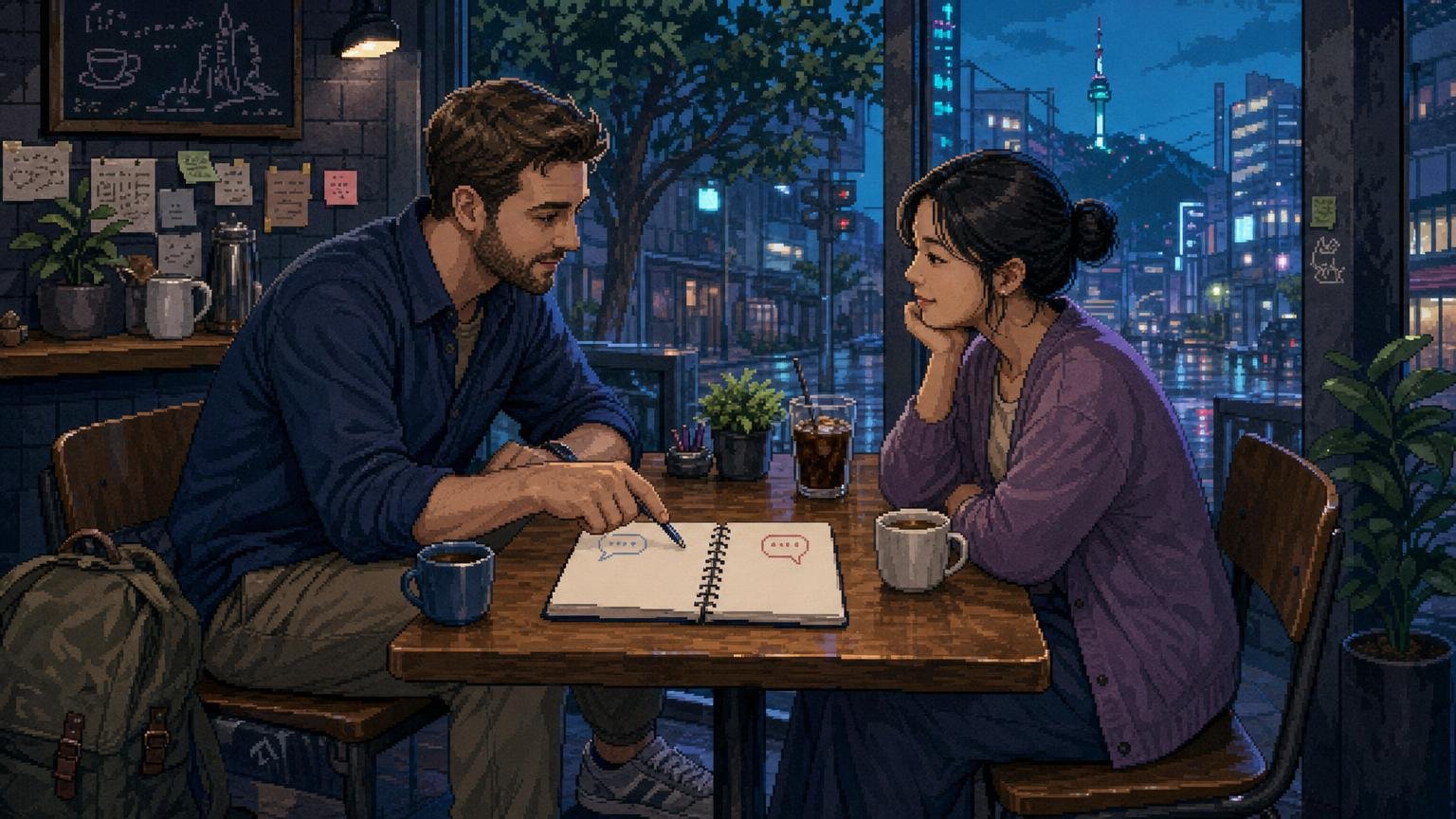 Small Korean-English conversation exchange with a notebook for switching between languages